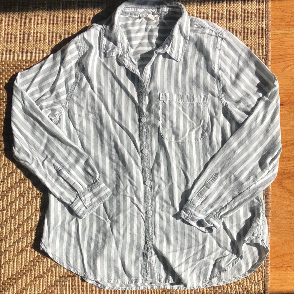 BeachLunchLounge Light Green White Striped Button-Up Casual Long Sleeve Shirt